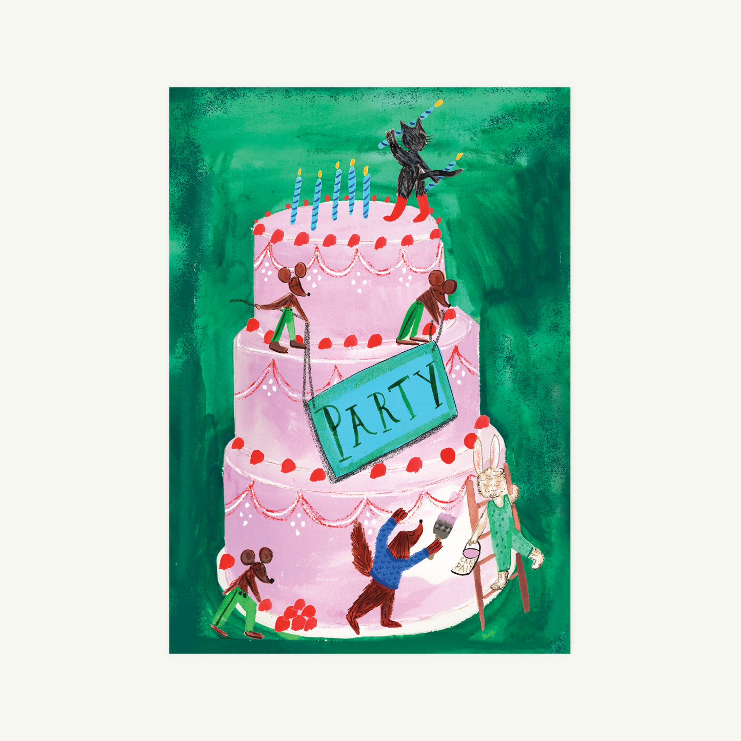 Illustration of a birthday cake with candles and small figures on a green background