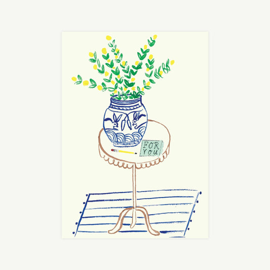 Illustration of a small table with a vase of flowers and a 'For You' card on a white background
