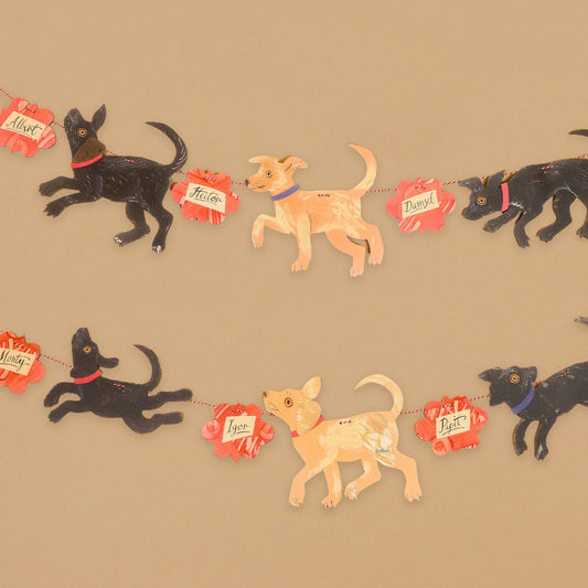 Illustration of dogs on a leash with name tags against a beige background