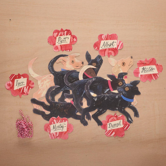 Illustration of dogs with name tags on a brown background