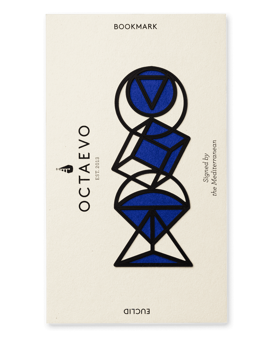 A rectangular cream-colored bookmark card with black and blue geometric line art and text, including the brand name OCTAEVO and the word BOOKMARK, shown against a solid dark green background.