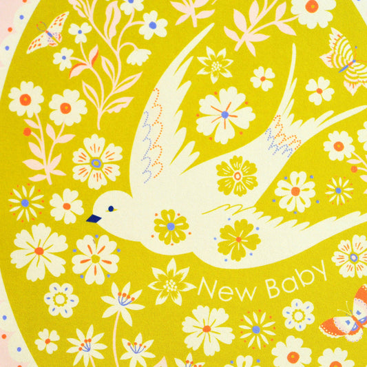 Floral patterned card with a dove and 'New Baby' text on a yellow background