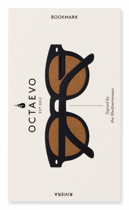 Bookmark with sunglasses design and Octaevo branding on a white background
