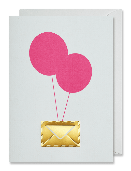 A square greeting card with a white front and a gold envelope illustration, floating above a pink envelope against a dark green background.