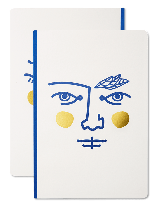 Two white hardcover notebooks with blue and yellow minimalist face illustrations, stacked on a solid dark blue background.