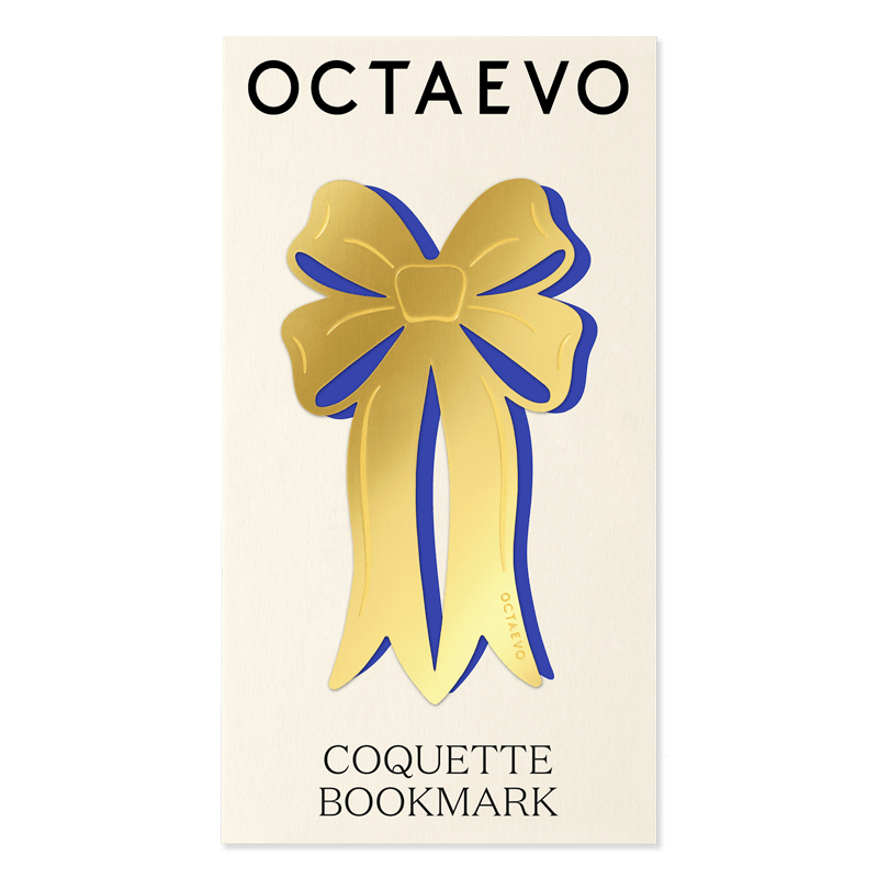 A coquette bookmark featuring a large gold ribbon bow with blue accents on an off-white background, with the brand name OCTAEVO at the top and 'COQUETTE BOOKMARK' at the bottom.