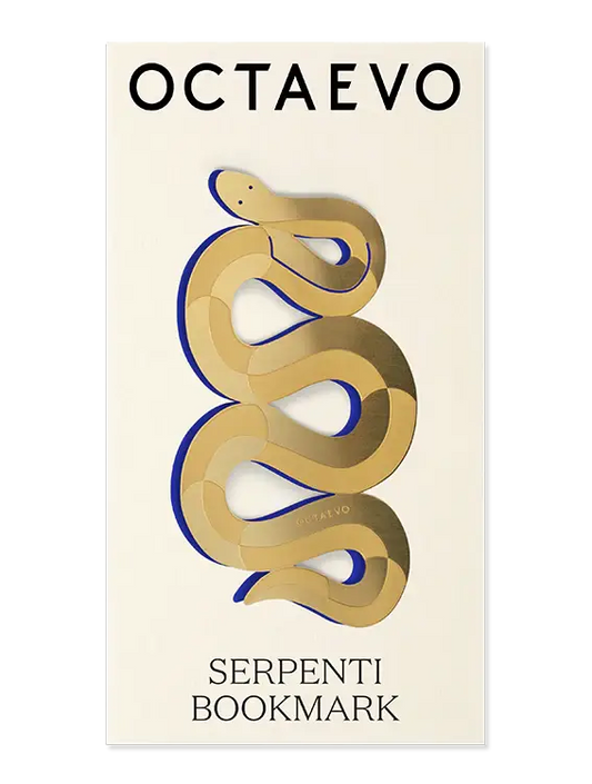A vertical cream-colored book cover or card featuring the brand name OCTAEVO at the top and the text SERPENTI BOOKMARK at the bottom, with a stylized gold snake wrapped around the center and a thin blue outline.