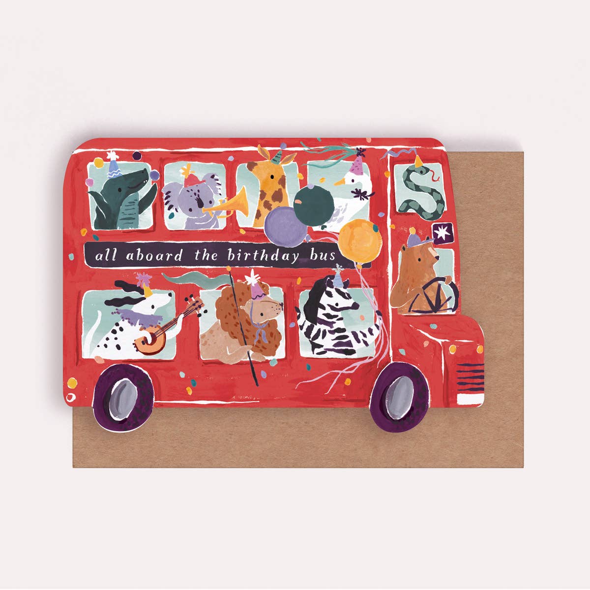 Children's birthday card with a red bus and animal illustrations on a white background