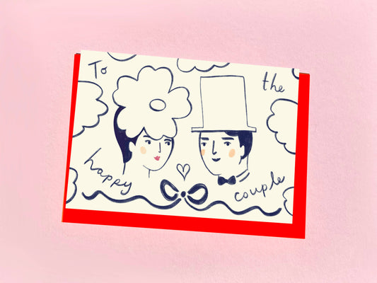 Wedding card with a couple illustration on a pink background