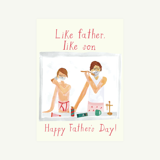 Father's Day card with illustration of a father and son, text 'Like father, like son' and 'Happy Father's Day'.