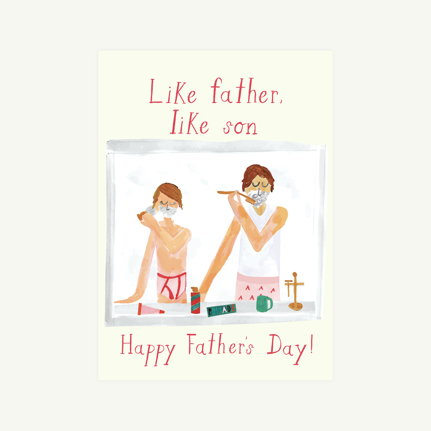 Father's Day card with illustration of a father and son, text 'Like father, like son' and 'Happy Father's Day'.