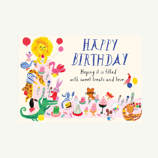 Colorful birthday card with animals and text on a white background
