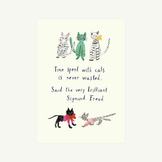 Illustration of cats with a humorous quote on a white background