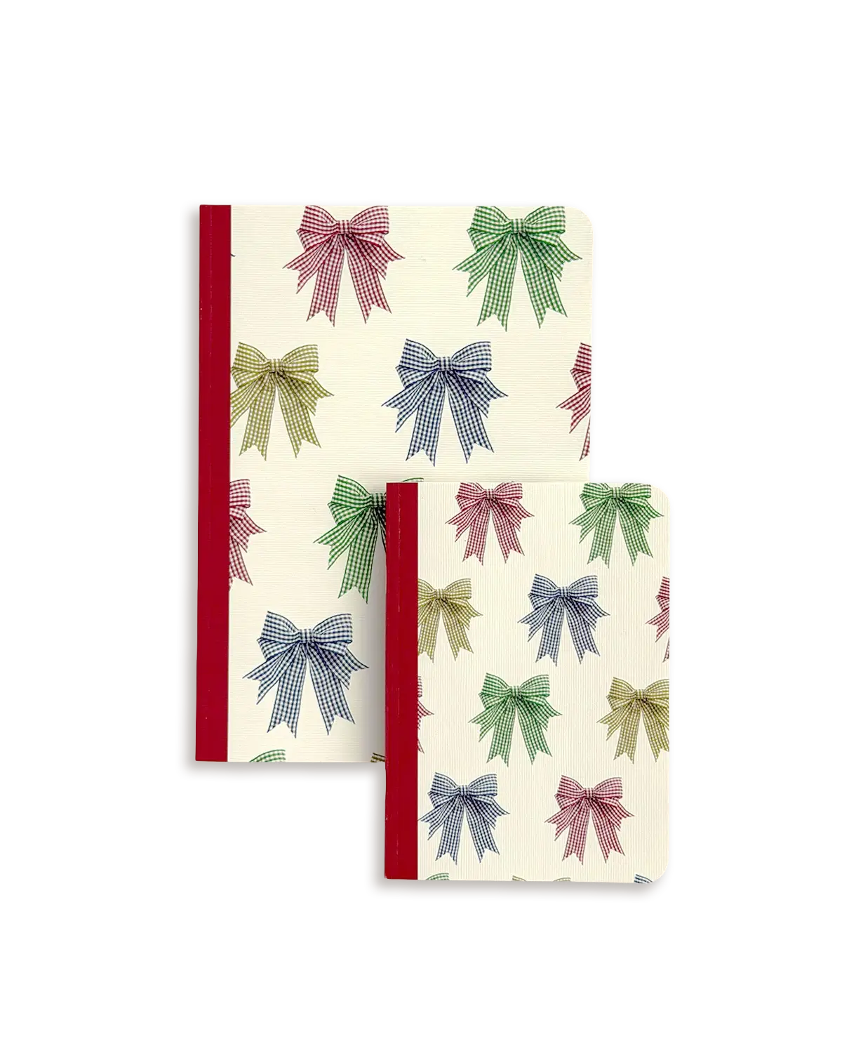 Two notebooks with colorful bow pattern on a white background