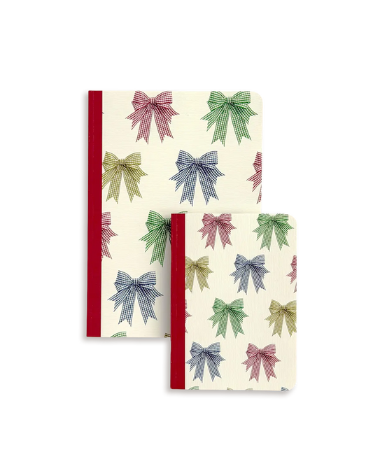 Two notebooks with colorful bow pattern on a white background