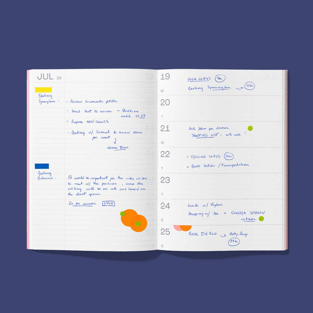 An open weekly planner notebook showing two lined pages with handwritten notes, a calendar layout, and small colored stickers, centered on a dark blue background with the text 'NOTES WEEK (OPTION 2)' below.