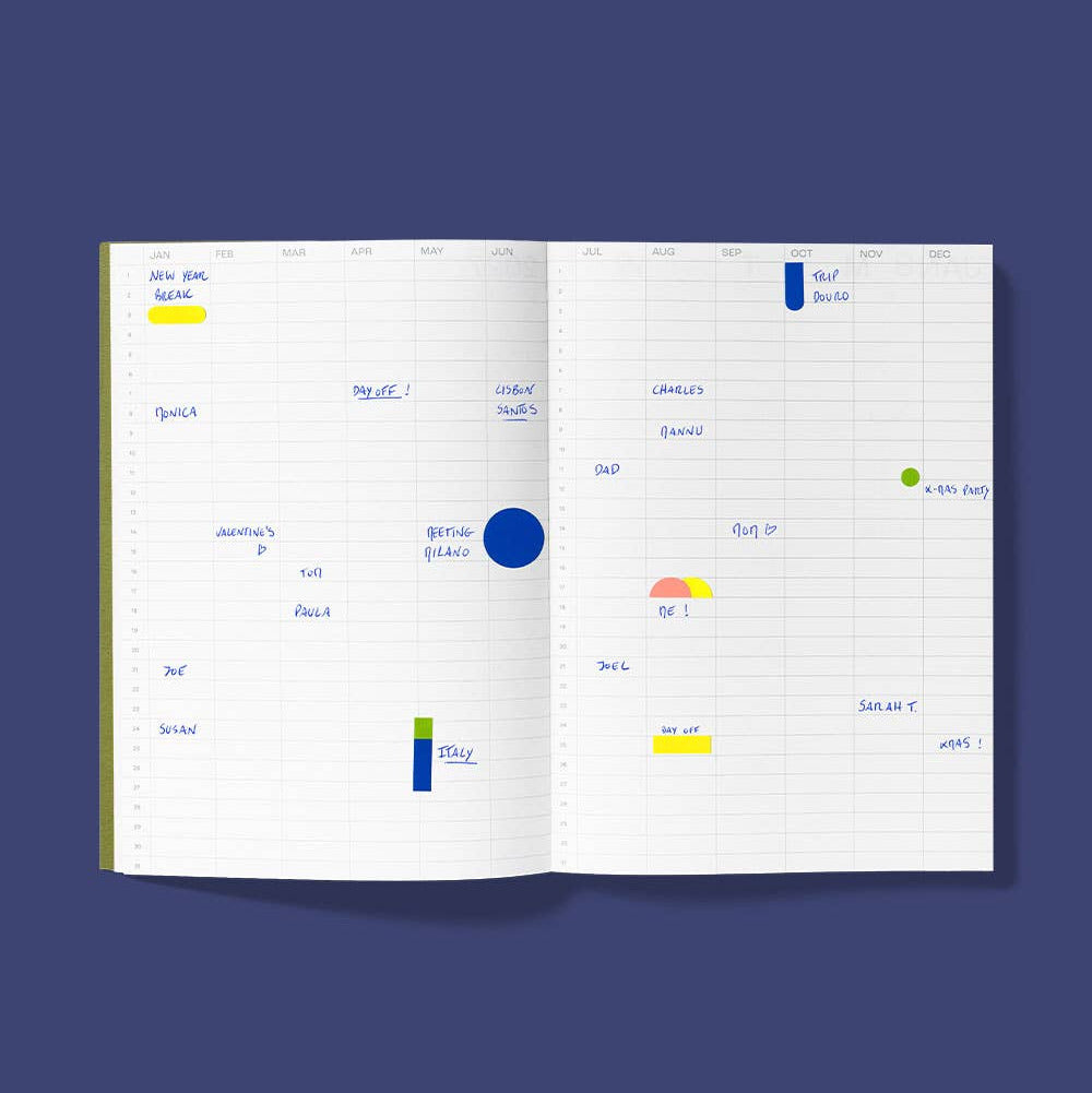 An open planner showing a handwritten year plan layout on two white pages, centered on a dark blue background with the text 'YEAR PLAN AVAILABLE IN ALL OPTIONS' below.