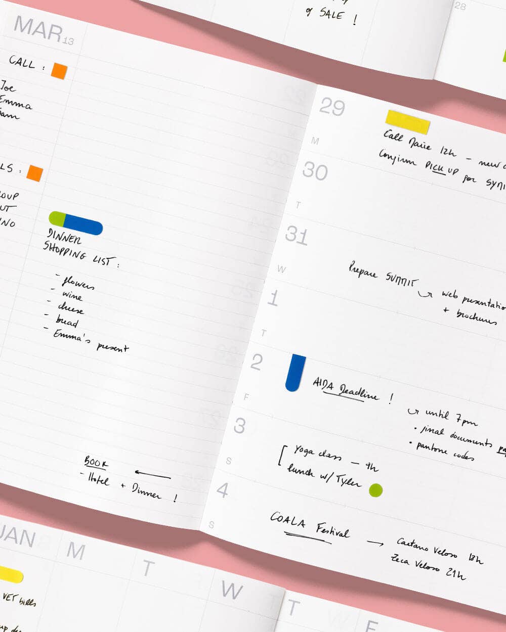 Open planner pages showing a weekly calendar layout with handwritten notes, colored highlight markers, and a pink background.