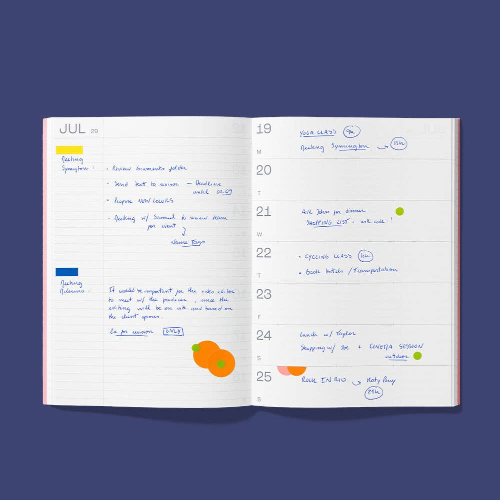 An open weekly planner notebook showing two lined pages with handwritten notes, a calendar layout, and small colored stickers, centered on a dark blue background with the text 'NOTES WEEK (OPTION 2)' below.