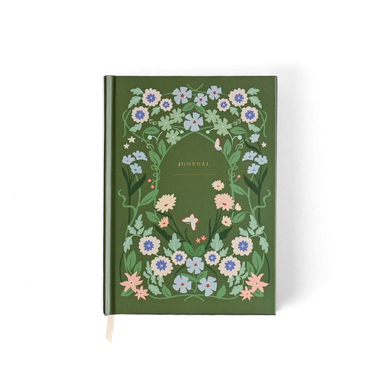 A hardcover journal with a dark green cover decorated with a colorful floral and botanical border design, shown on a clean white background.