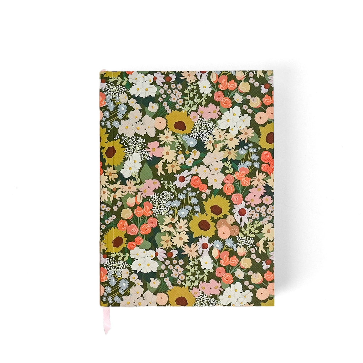 Floral notebook with sunflowers and other flowers on a white background