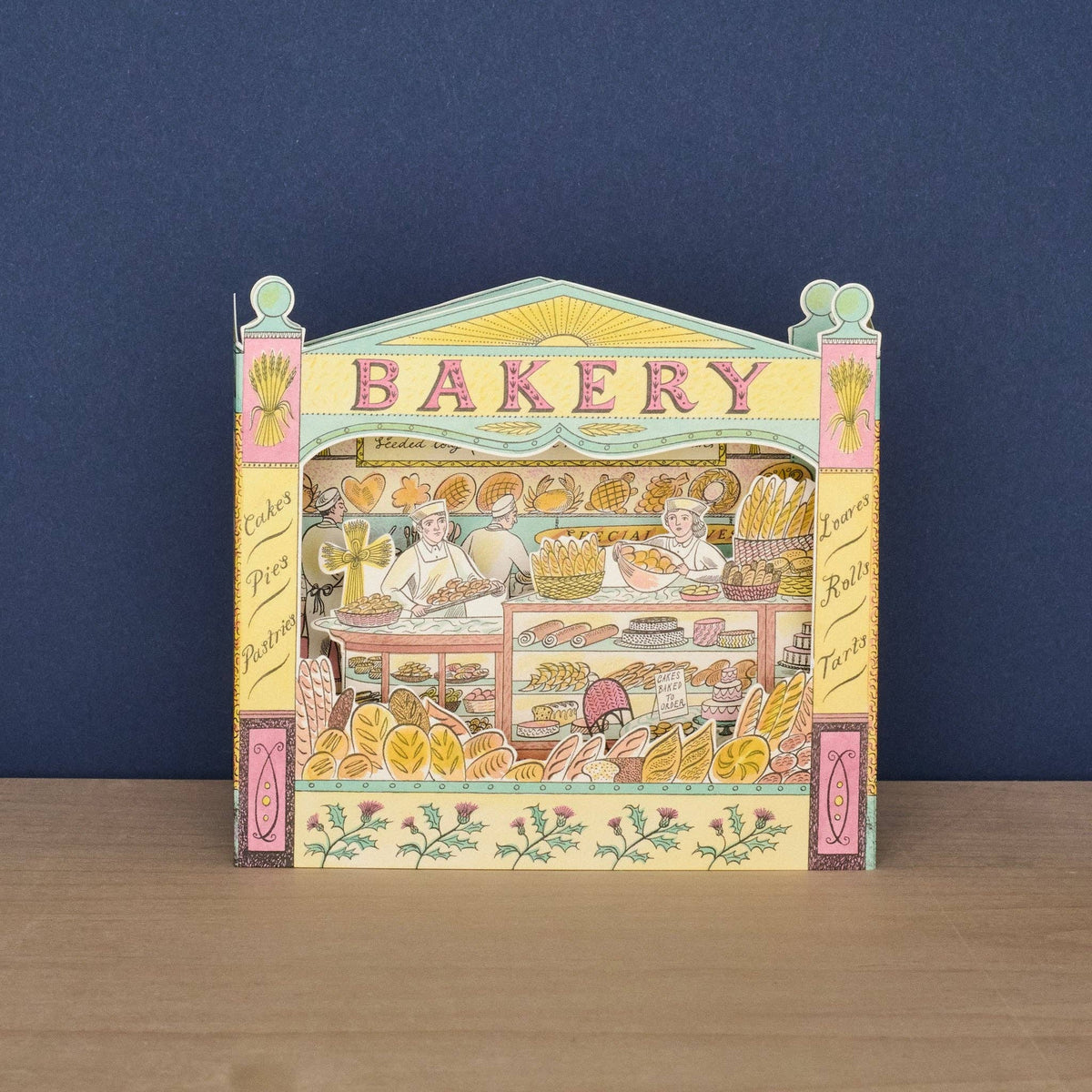 Illustration of a bakery with pastries and bakers behind the counter on a white background.