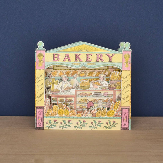 Illustration of a bakery with pastries and bakers behind the counter on a white background.