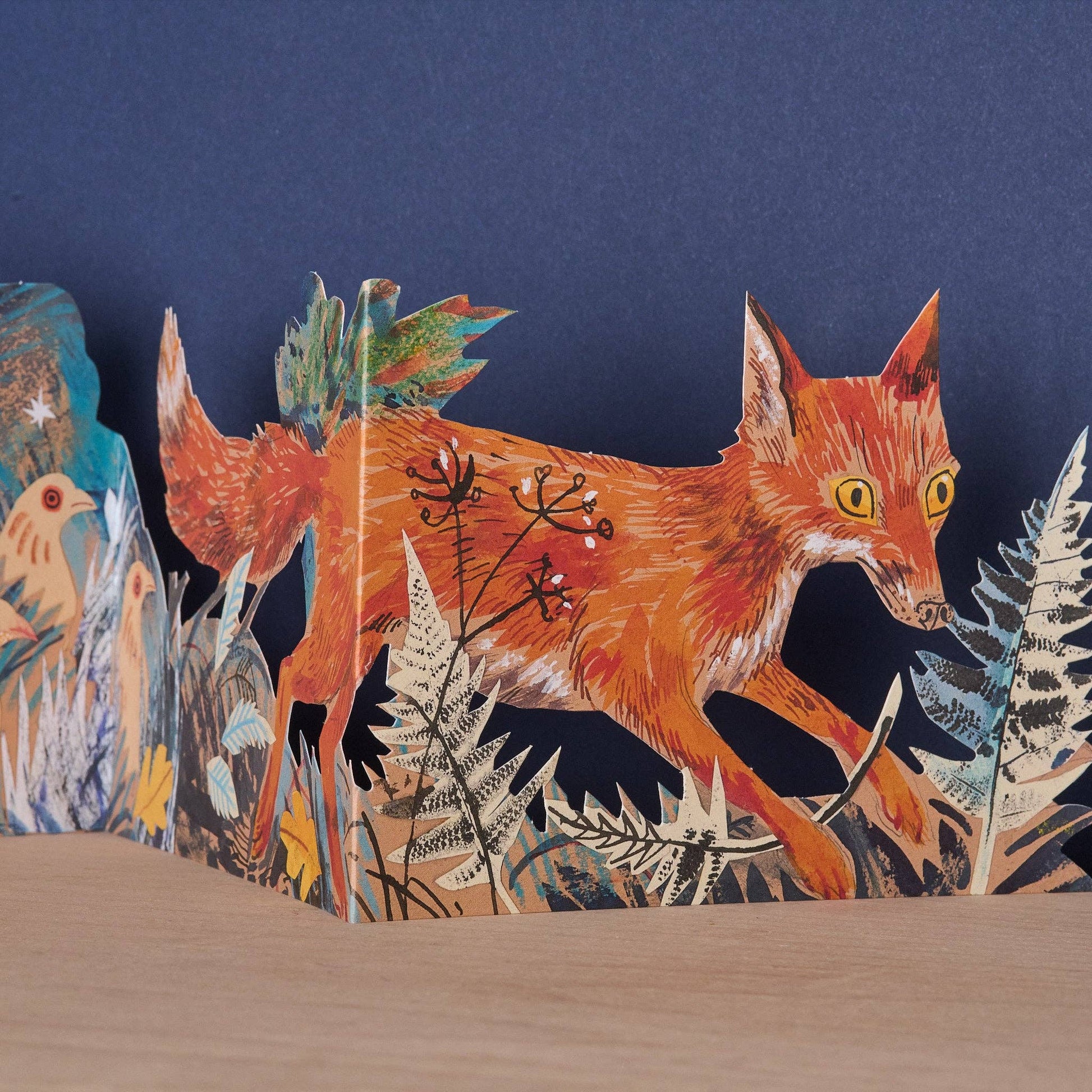 3D fox card with nature-themed design on a blue background
