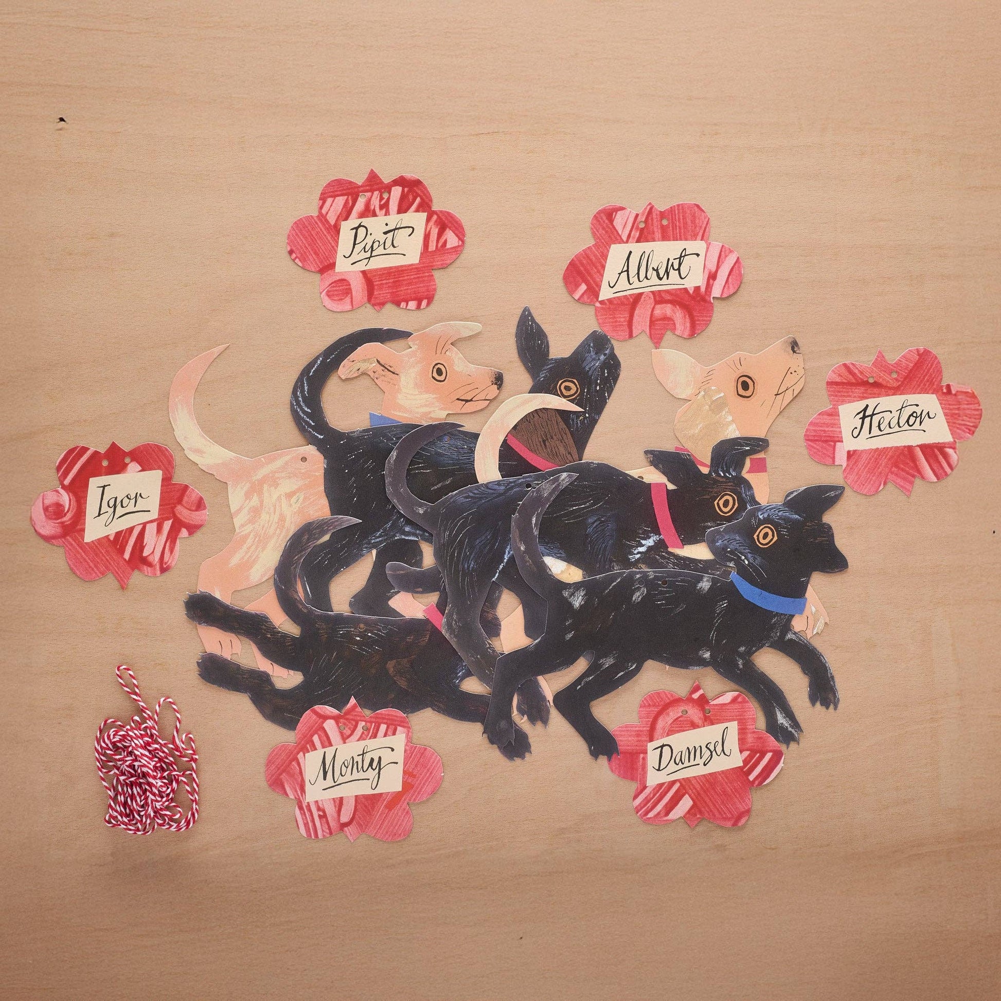 Illustration of dogs with name tags on a brown background