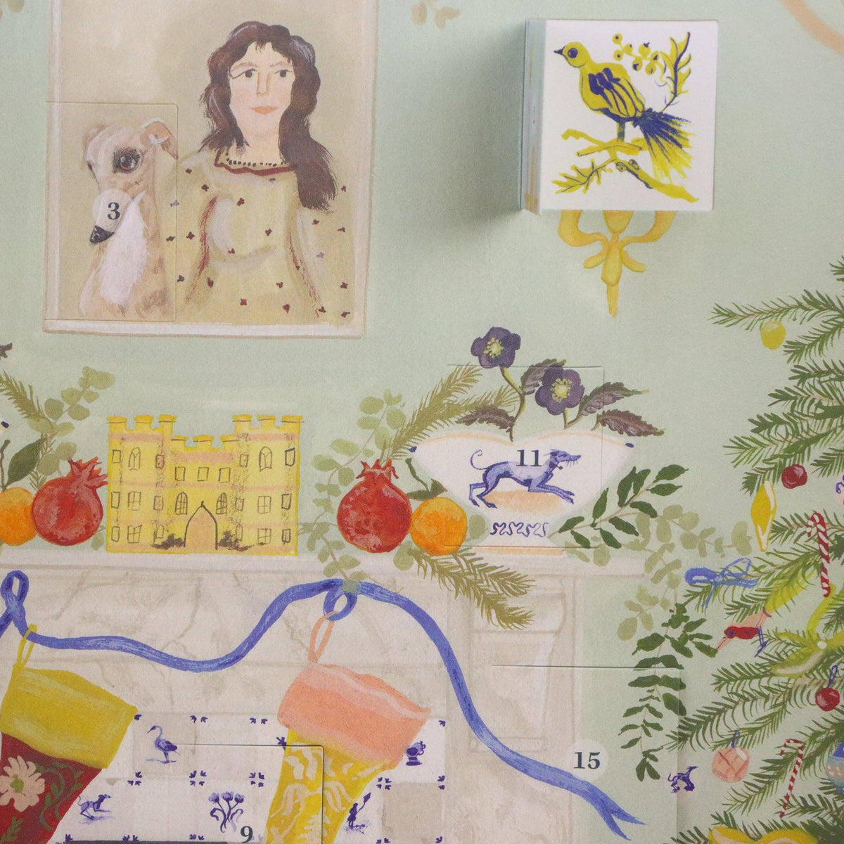 Decorative wall with illustrations of a woman, bird, castle, and other elements on a light green background.