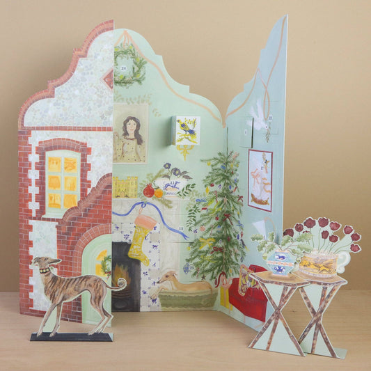 Decorative paper stand with various illustrations on a beige background