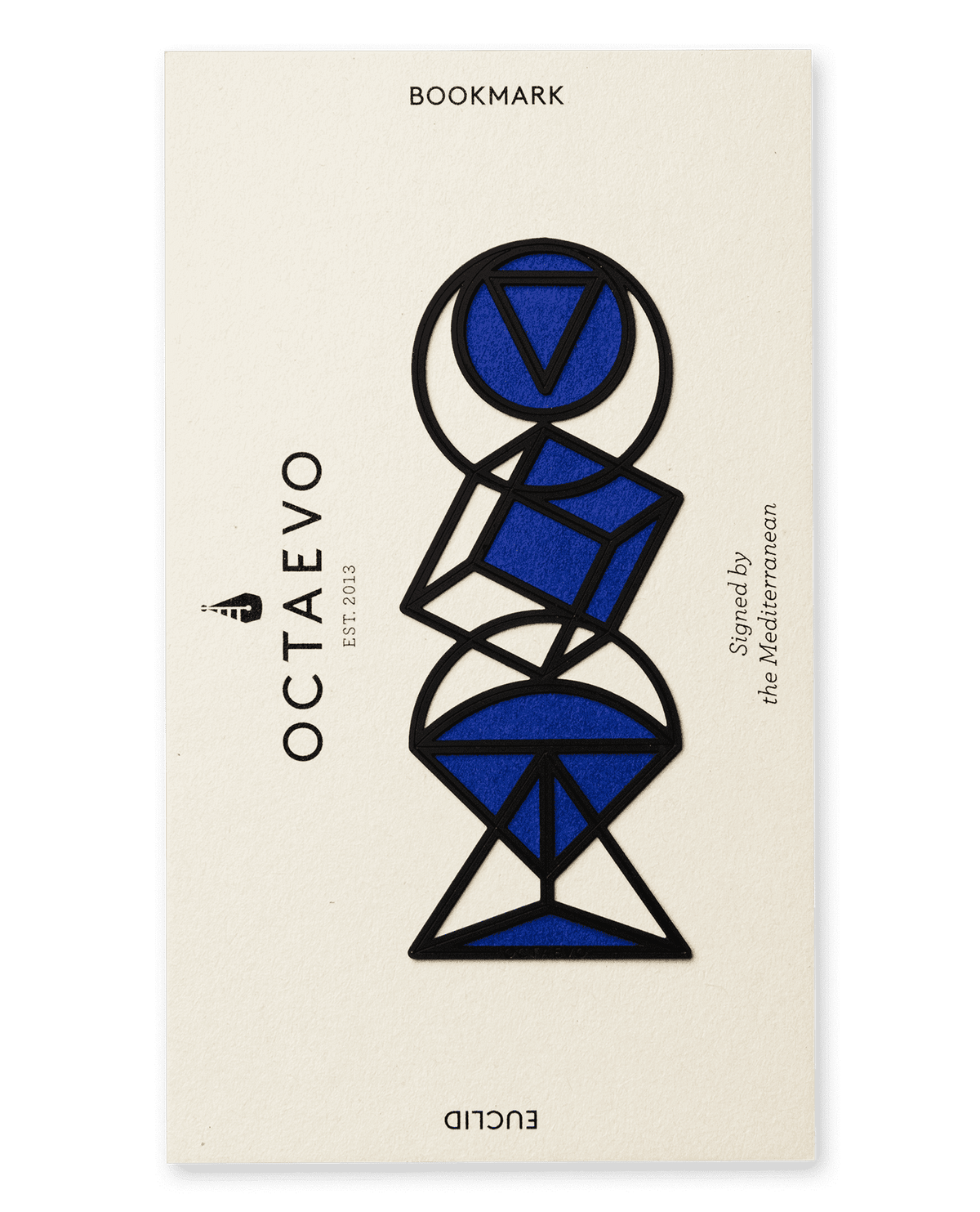 A rectangular cream-colored bookmark card with black and blue geometric line art and text, including the brand name OCTAEVO and the word BOOKMARK, shown against a solid dark green background.