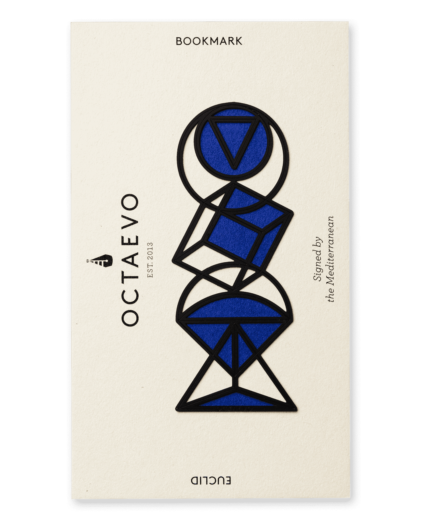 A rectangular cream-colored bookmark card with black and blue geometric line art and text, including the brand name OCTAEVO and the word BOOKMARK, shown against a solid dark green background.