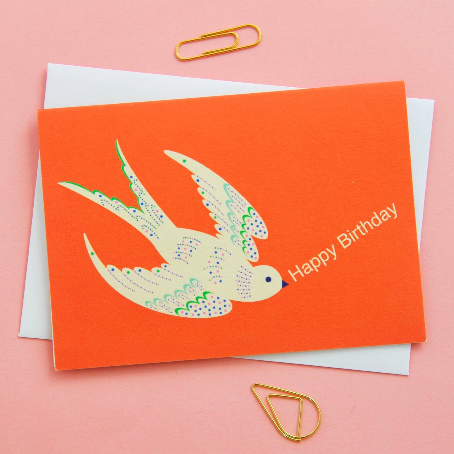 Orange birthday card with a swallow illustration and 'Happy Birthday' text on a pink background.