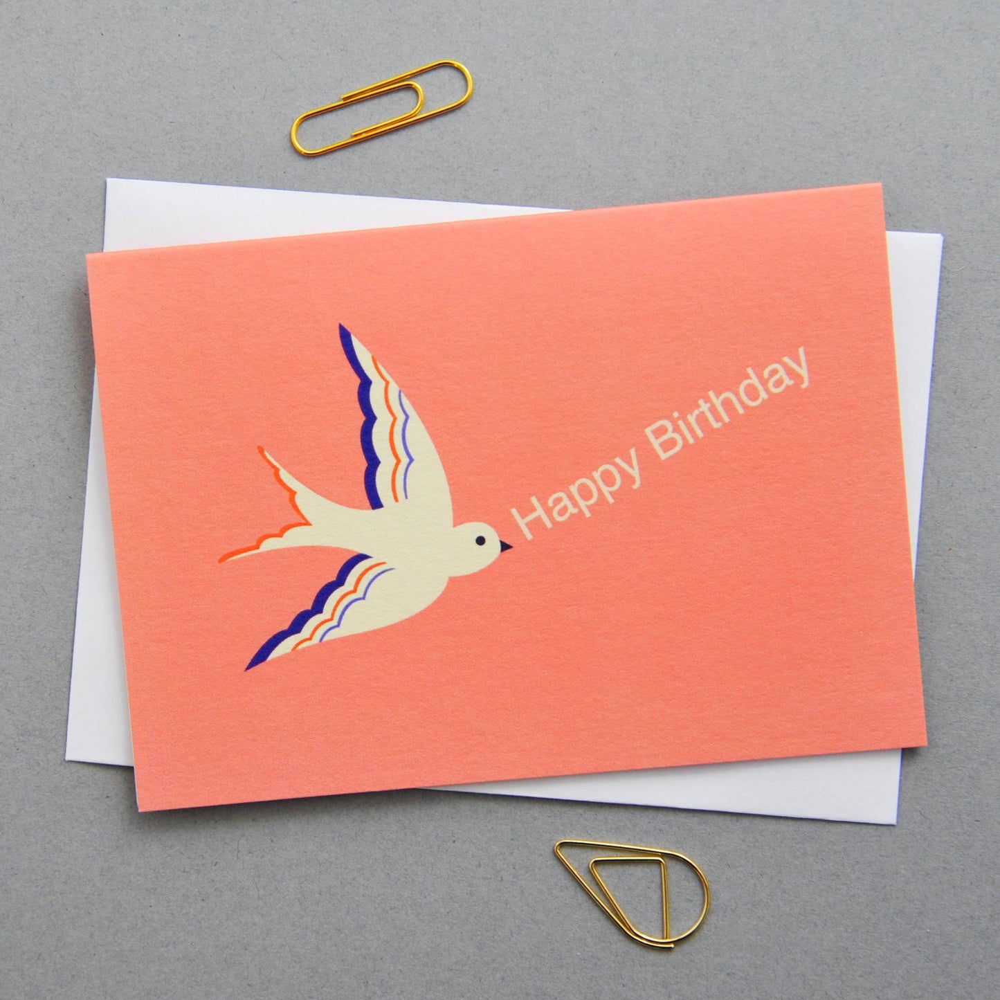 Birthday card with bird illustration and 'Happy Birthday' text on a gray background