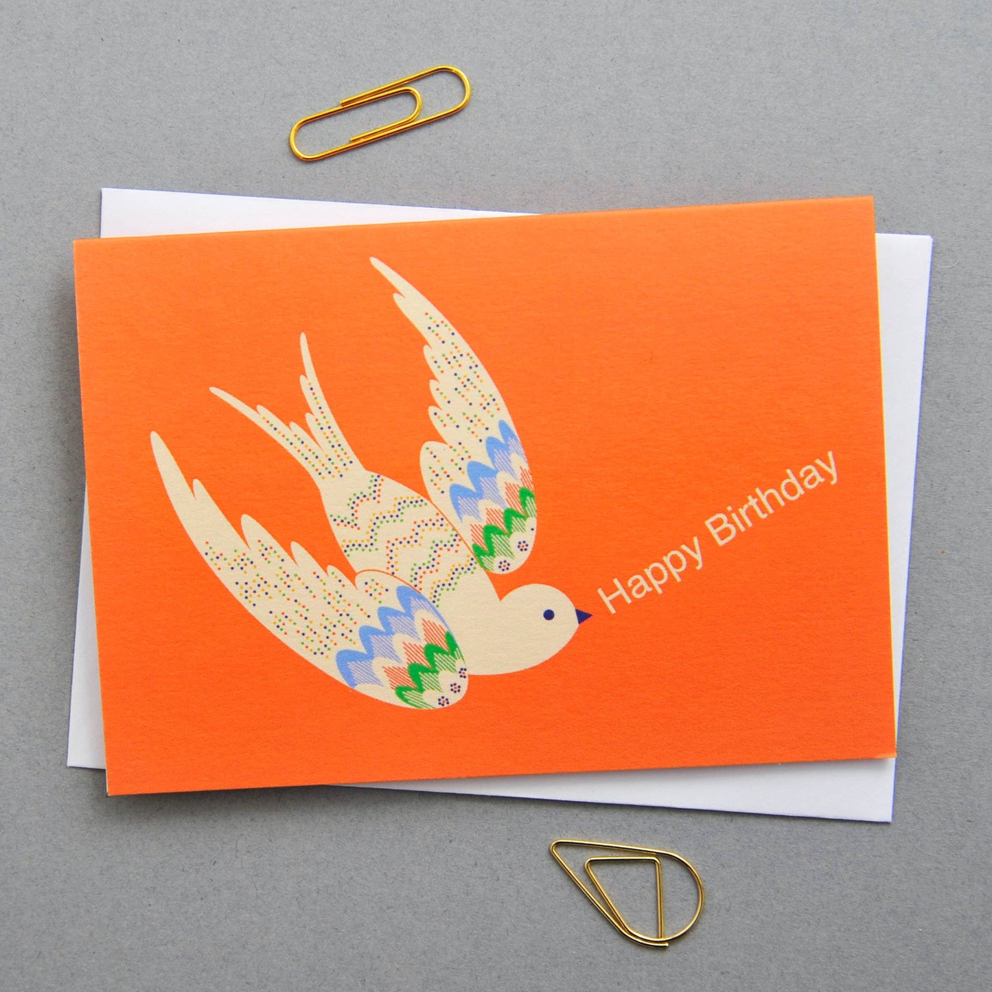 Orange birthday card with a bird design and 'Happy Birthday' text on a gray background.
