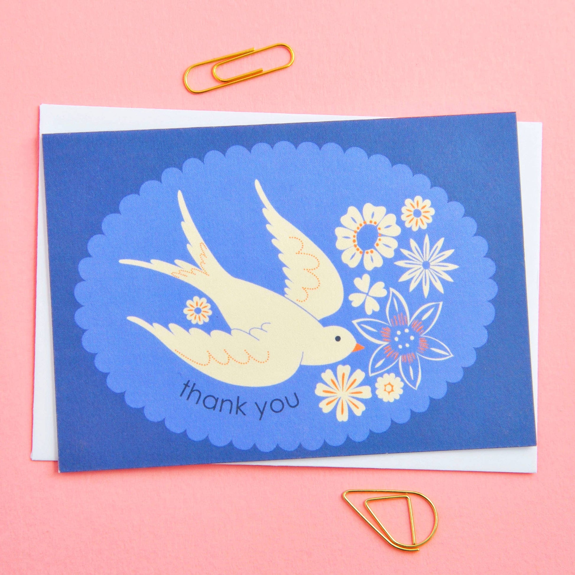 Greeting card with a white dove and flowers on a blue background, featuring the text 'thank you'.