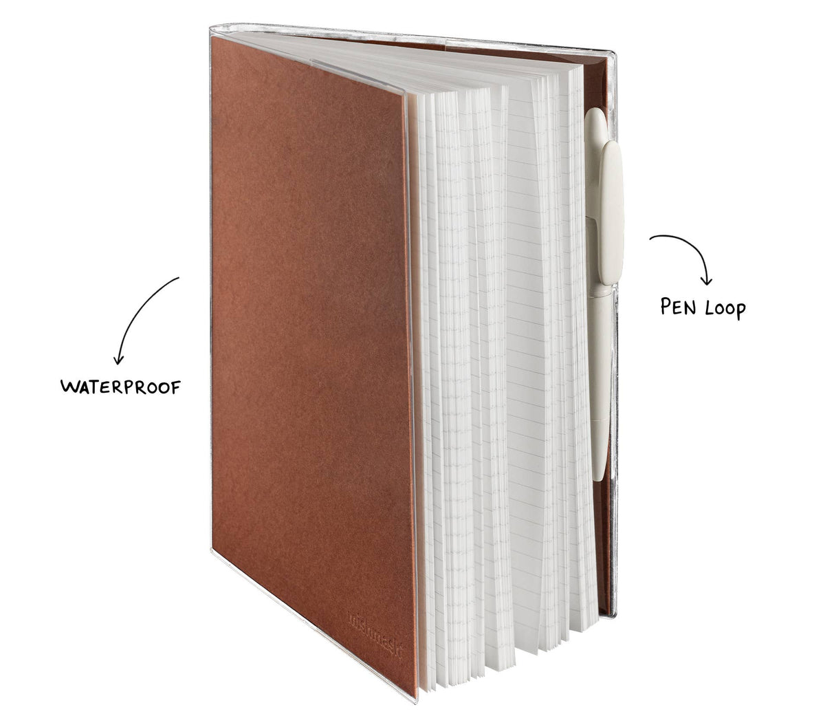 Brown notebook with pen loop and waterproof feature labeled on a white background