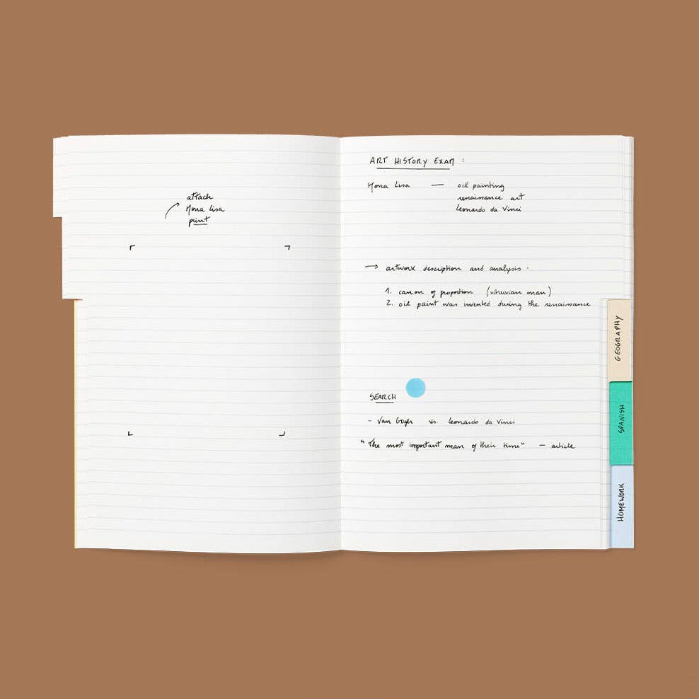 An open lined notebook or planner spread on a solid brown background, with handwritten notes visible on the pages and colored page tabs on the right edge. Text below reads '-lined 5 tabs'.