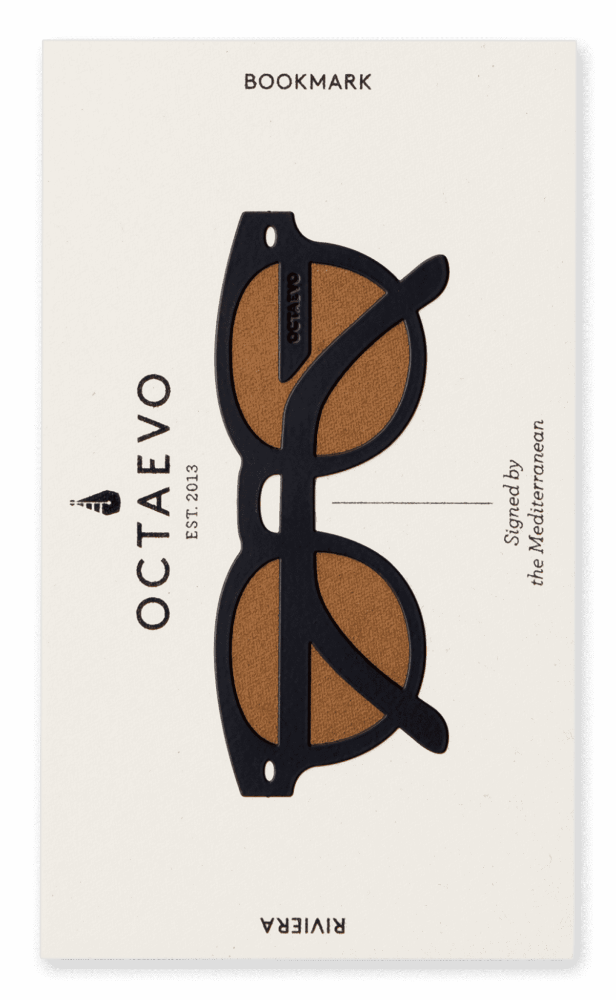 Bookmark with sunglasses design and Octaevo branding on a white background