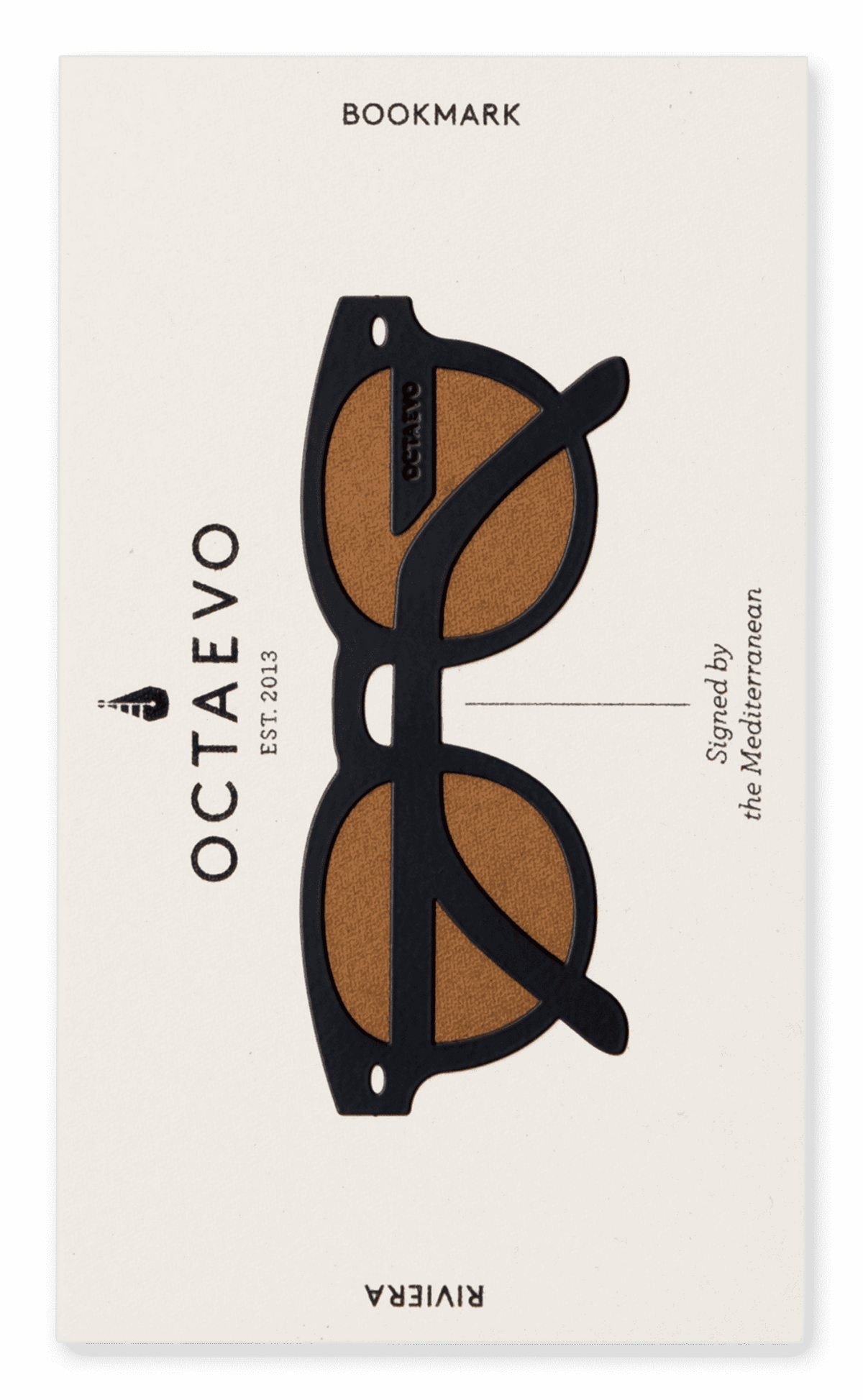 Bookmark with sunglasses design and Octaevo branding on a white background