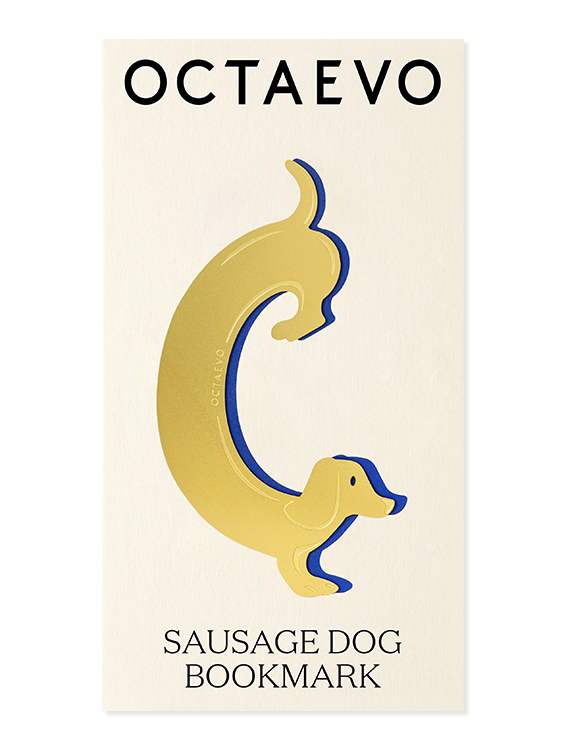 A rectangular cream-colored book or card featuring a stylized sausage dog bookmark design in gold and blue, with the brand name OCTAEVO at the top and the text 'SAUSAGE DOG BOOKMARK' at the bottom.