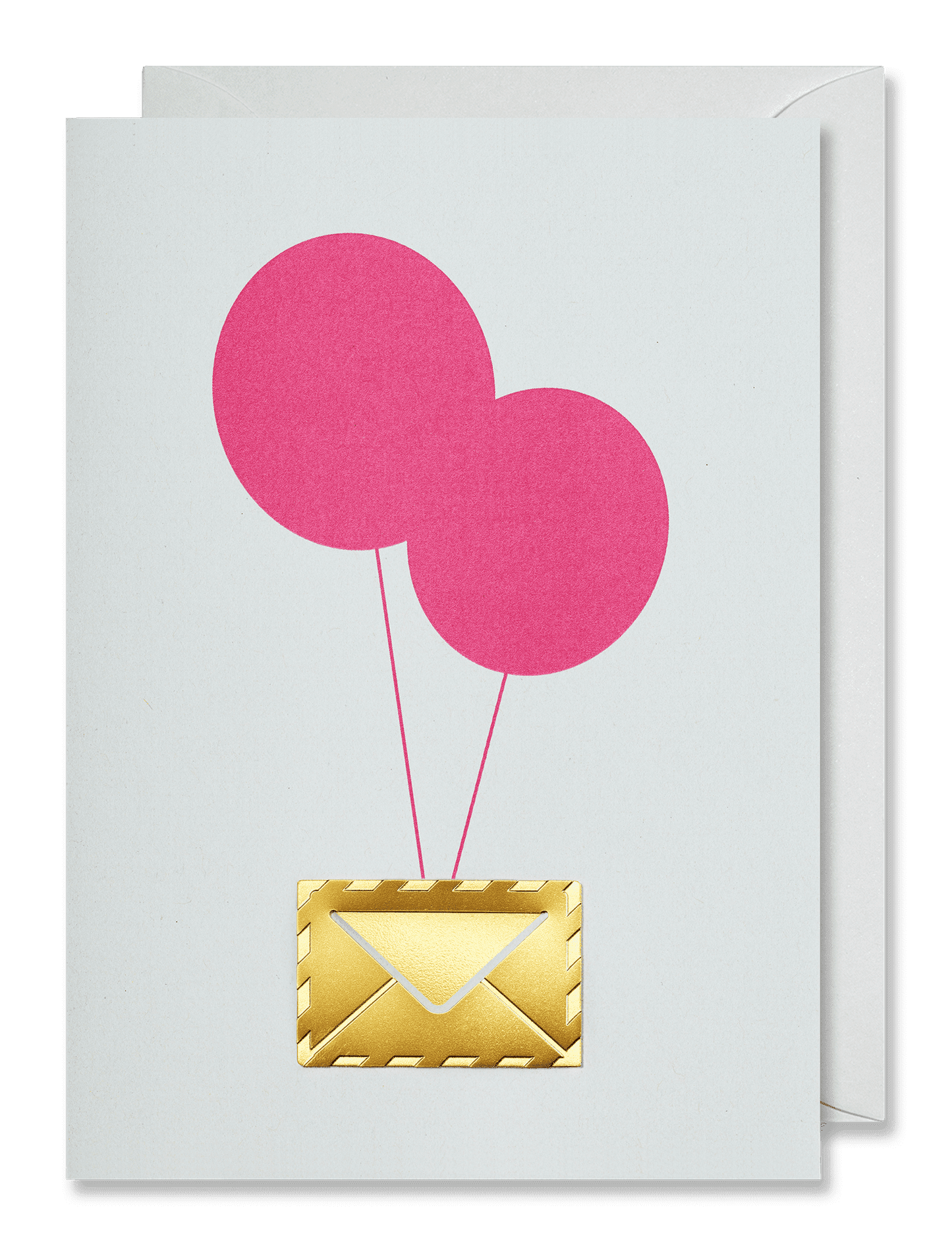 A square greeting card with a white front and a gold envelope illustration, floating above a pink envelope against a dark green background.