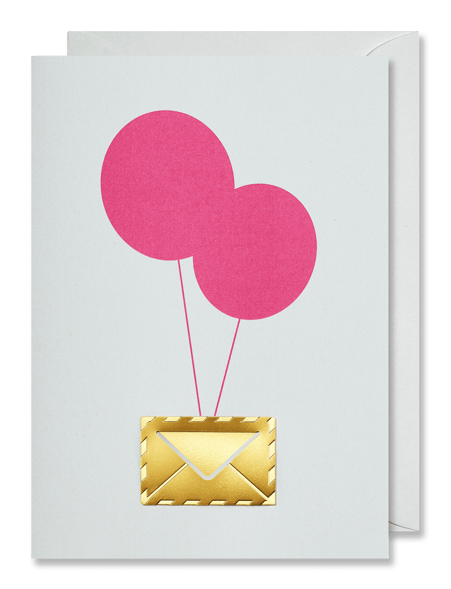 A square greeting card with a white front and a gold envelope illustration, floating above a pink envelope against a dark green background.