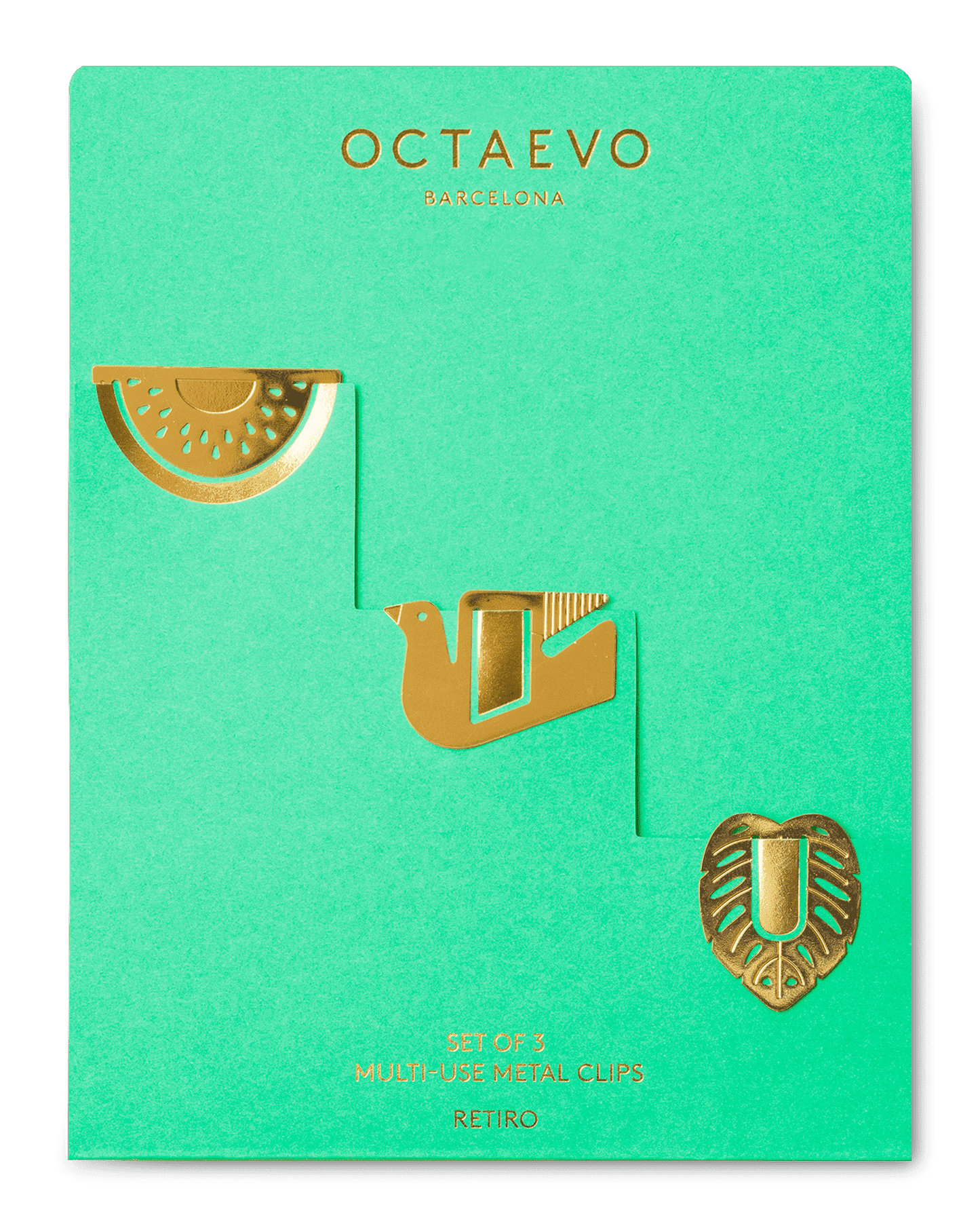 A mint green product card displaying three gold-toned multi-use metal ear clips from the brand OCTAEVO, with 'RETRO' printed at the bottom.