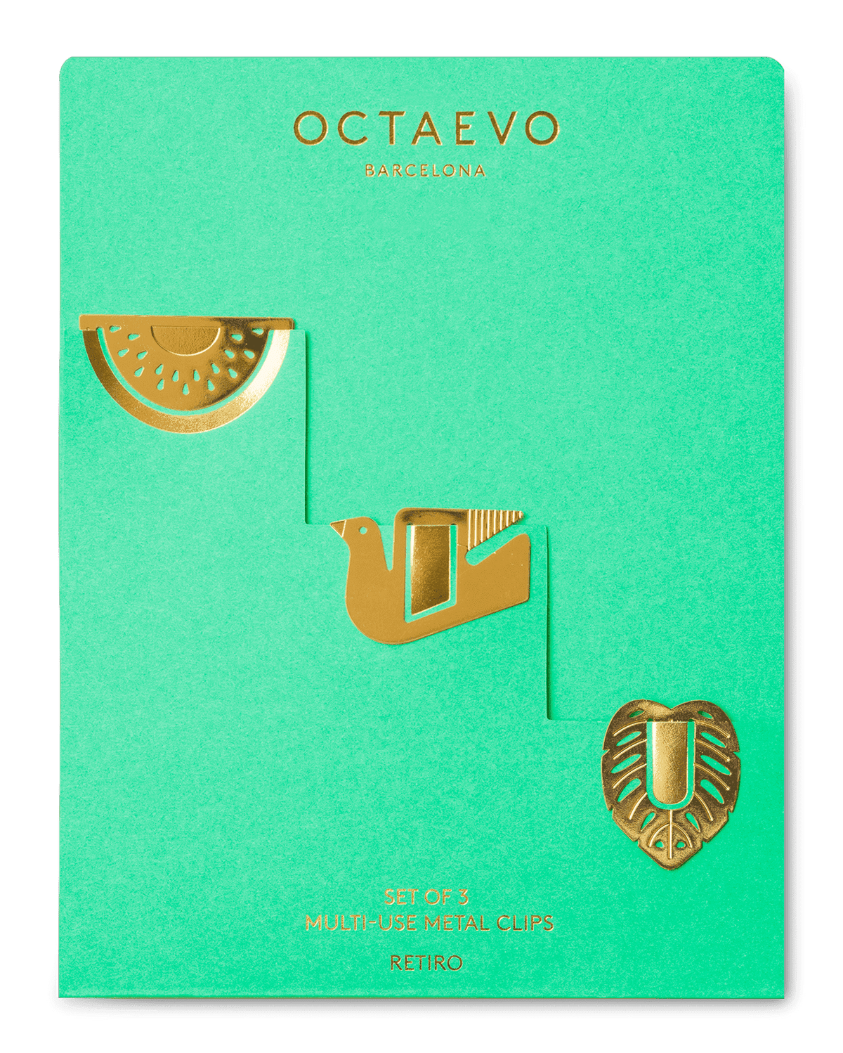 A mint green product card displaying three gold-toned multi-use metal ear clips from the brand OCTAEVO, with 'RETRO' printed at the bottom.