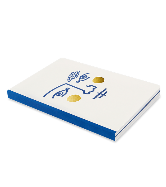 A square white notebook or journal with a blue spine and blue abstract line art, accented with two gold circles, shown on a solid green background.