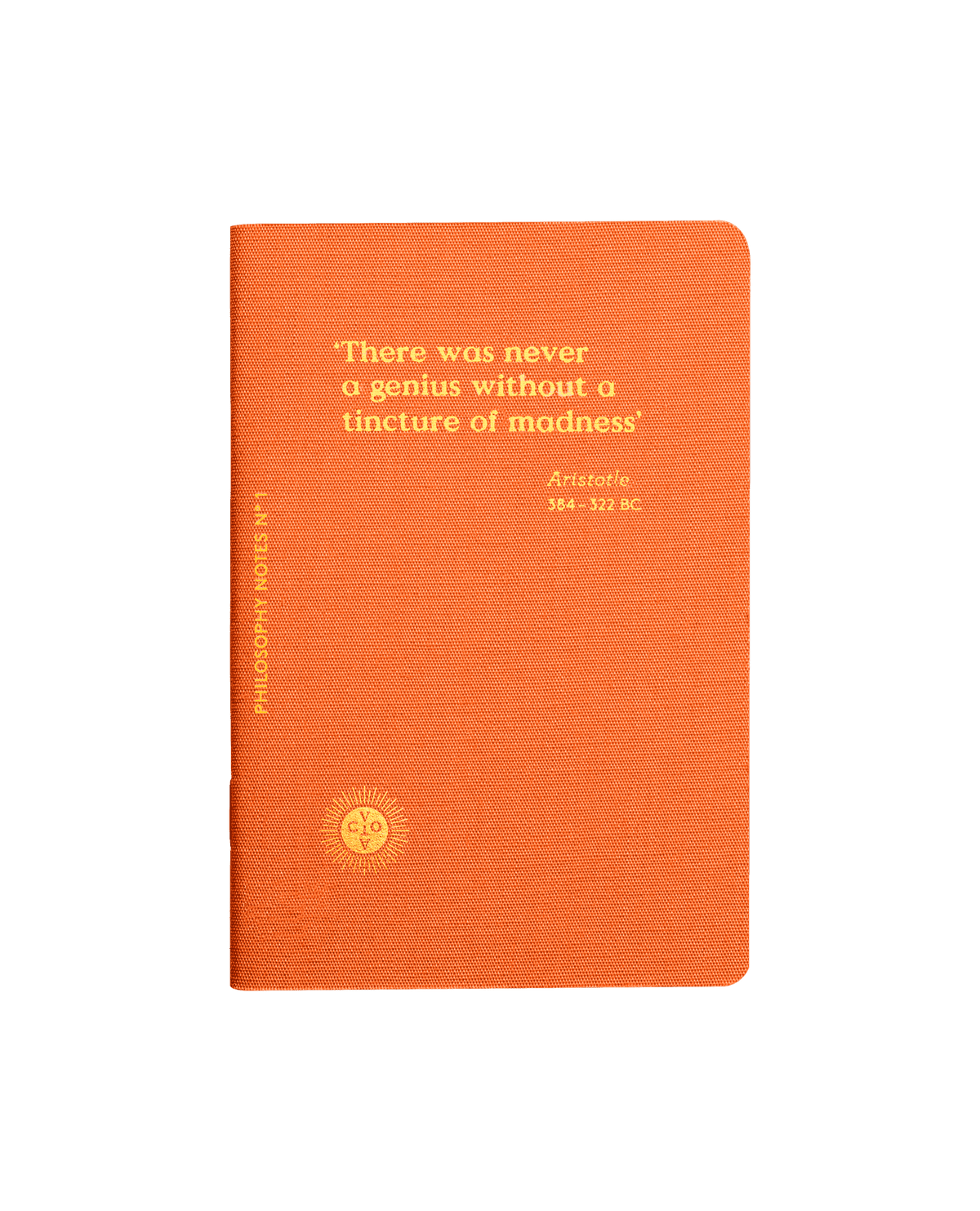 An orange hardcover notebook with a gold printed quote on the front and spine, shown centered against a solid dark green background.