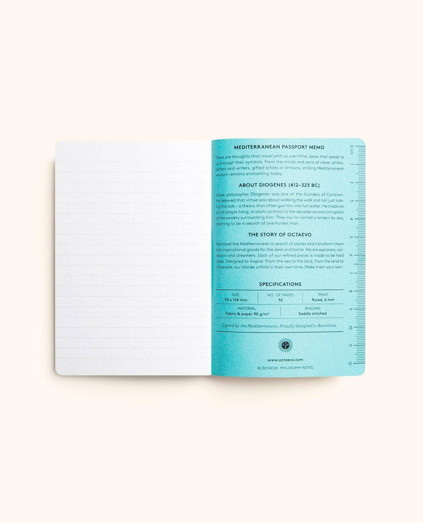 An open notebook or booklet on a light beige background, showing a lined left page and a turquoise right page with printed text and measurement/specification tables.