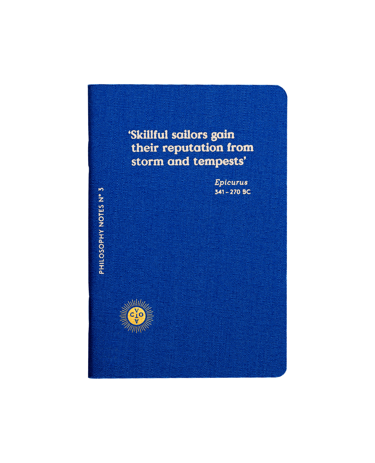 A blue hardcover book titled 'Philosophy Notes Vol. 5' featuring a white quote from Epicurus and a gold emblem, set against a solid dark green background.